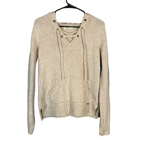 Hollister Oatmeal Beige Lace Up Hooded Sweater Women XS Knit Casual Pullover